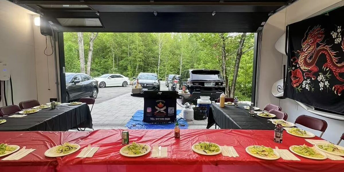 Private hibachi chef cooking steak, shrimp and fried rice at a Toronto backyard party