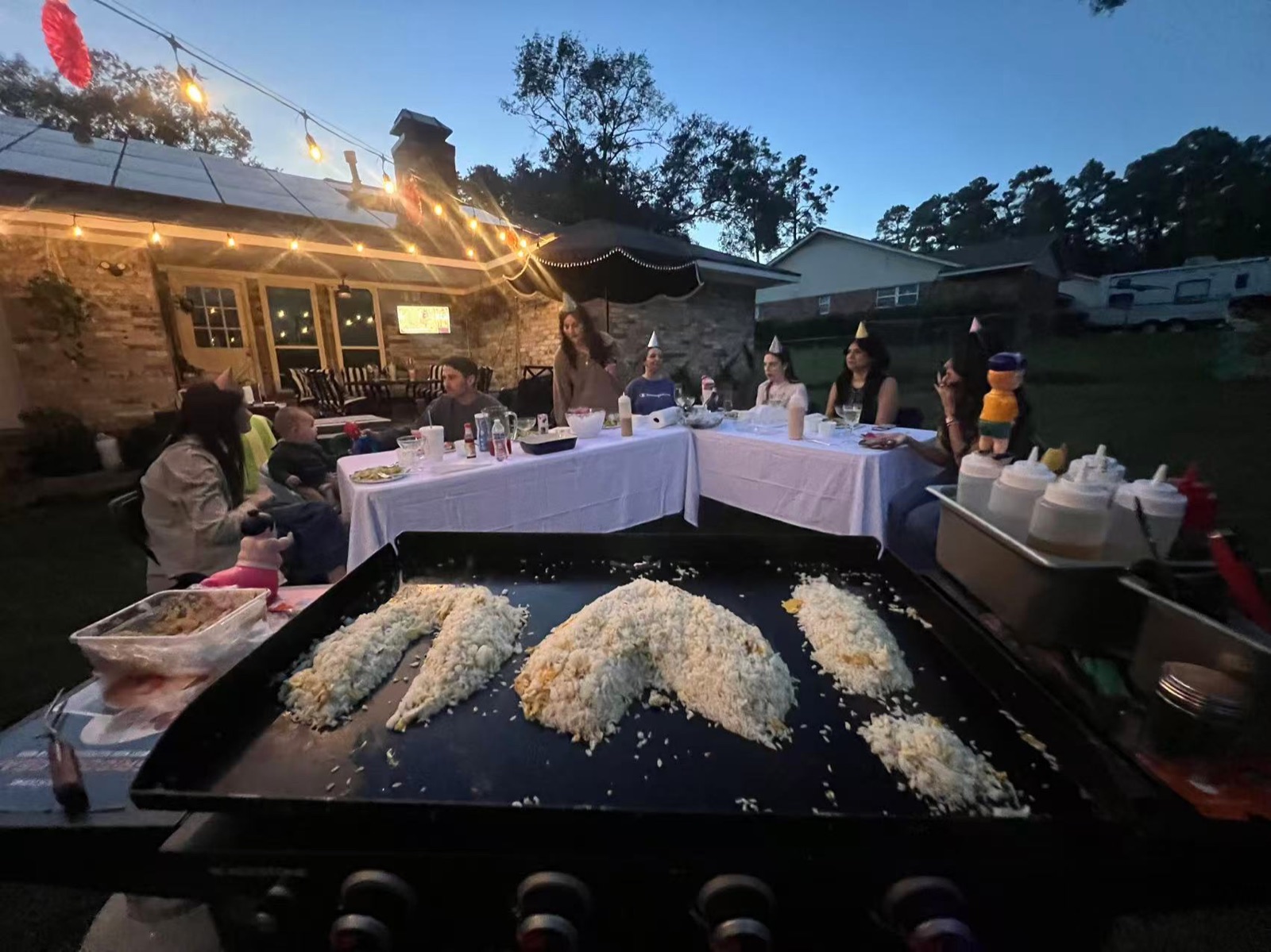Backyard hibachi party in Toronto with family reunion guests seated around a private chef grill