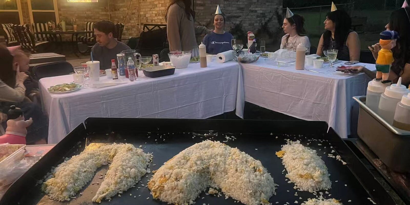 Private hibachi chef serving steak, shrimp and fried rice at a backyard party dinner in Toronto
